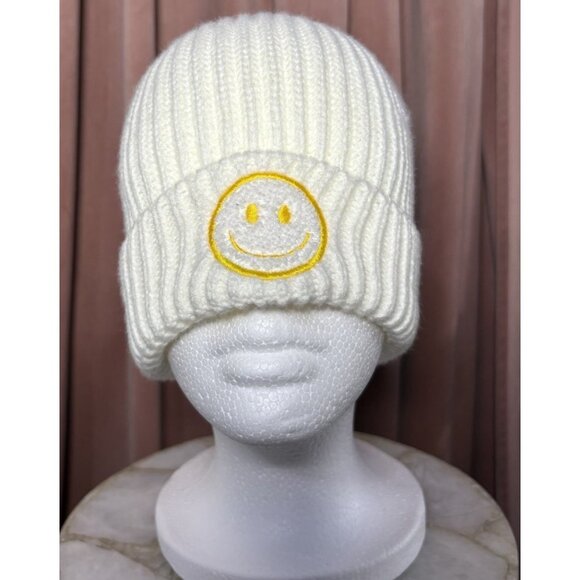 Unbranded Other - Hat Beanie Knit Cap Smiley Face Fleece Ivory Yellow